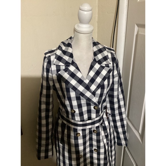 J. Crew Gingham Double Breasted Trench Coat Belted Navy White Women's 4 - Picture 3 of 9